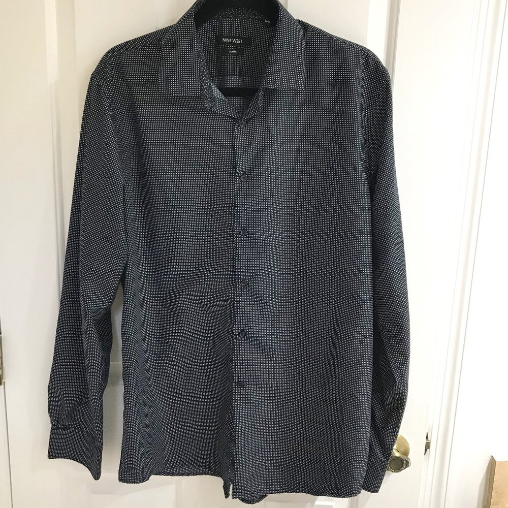 Nine West Geometric Black & White Slim Fit Dress Shirt